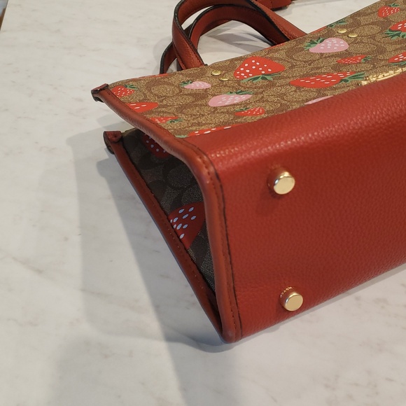 Coach Brown Signature Satchel with Red & Pink Strawberry Print Size Medium - Picture 11 of 16